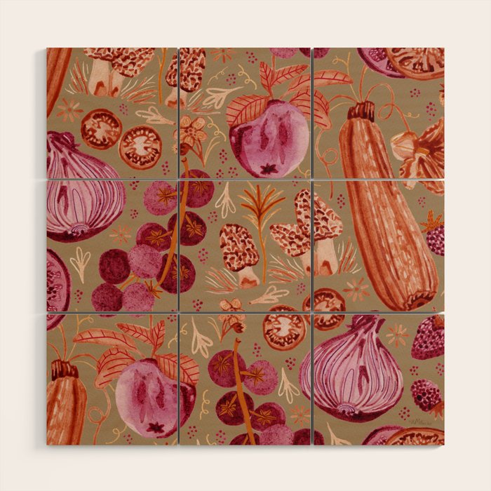 Garden Vegetables and Fresh Fruit in Mocha Mousse Wood Wall Art Gallery Image 1