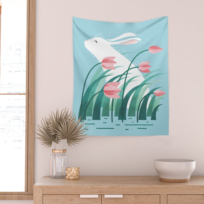 Rabbit Resting, Sky Blue Version Wall Tapestry Gallery Image 2