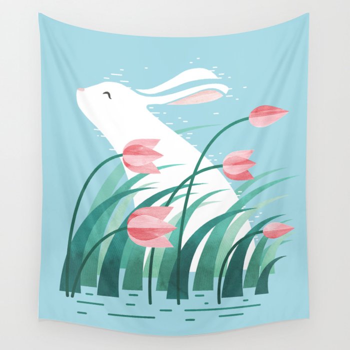 Rabbit Resting, Sky Blue Version Wall Tapestry Gallery Image 1