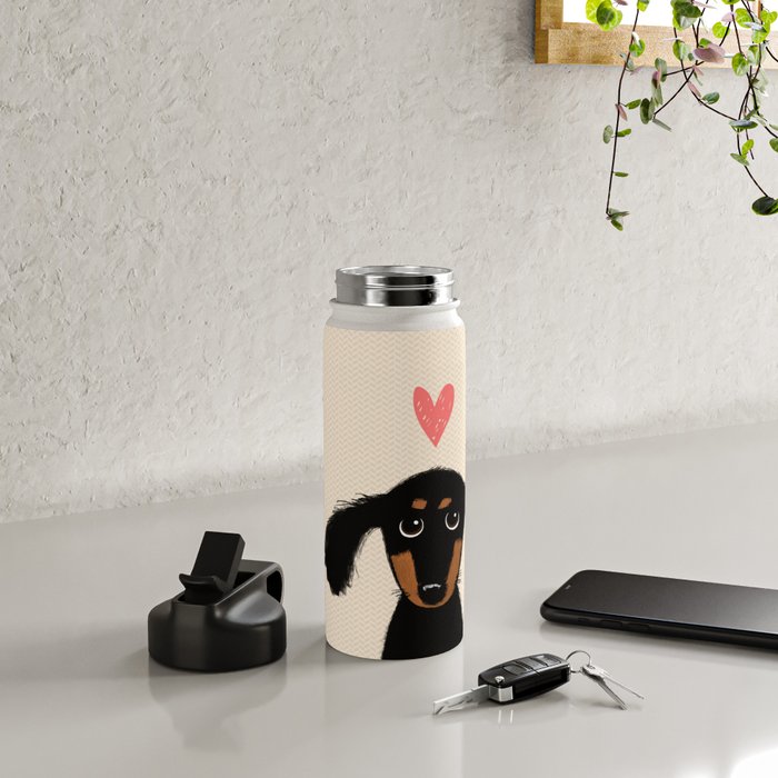 Dachshund Love | Cute Longhaired Black and Tan Wiener Dog Water Bottle Gallery Image 4