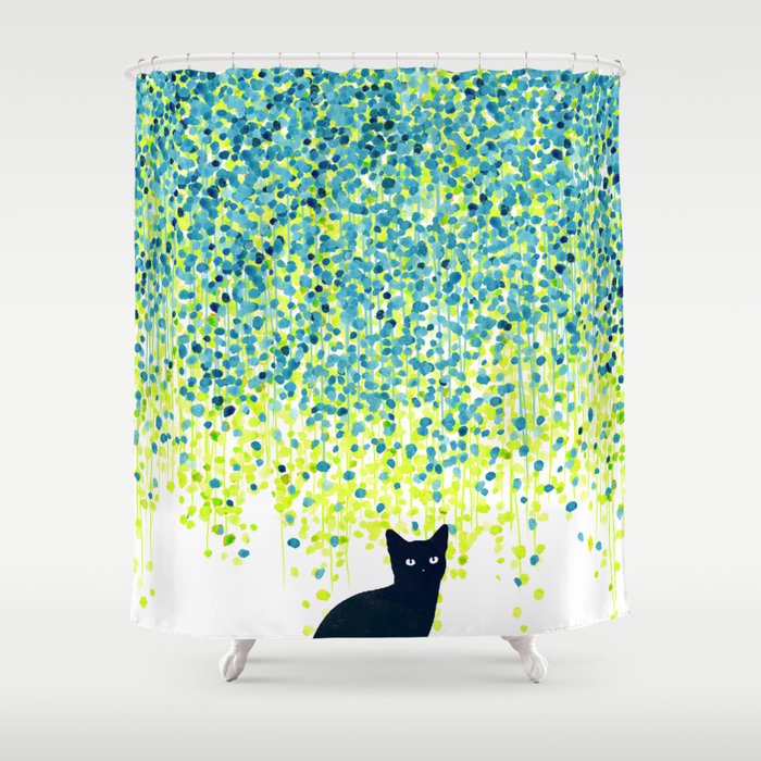 Cat in the garden under willow tree Shower Curtain Gallery Image 1
