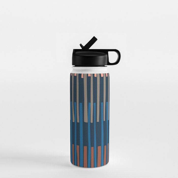 Block print geometrics stripes nocturnal blue Water Bottle Gallery Image 1