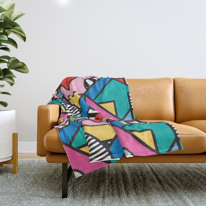 Colorful Memphis Milano Modern Geometric Shapes - 80s 90s retro electroclash pop art Aztec Throw Blanket Gallery Image 1