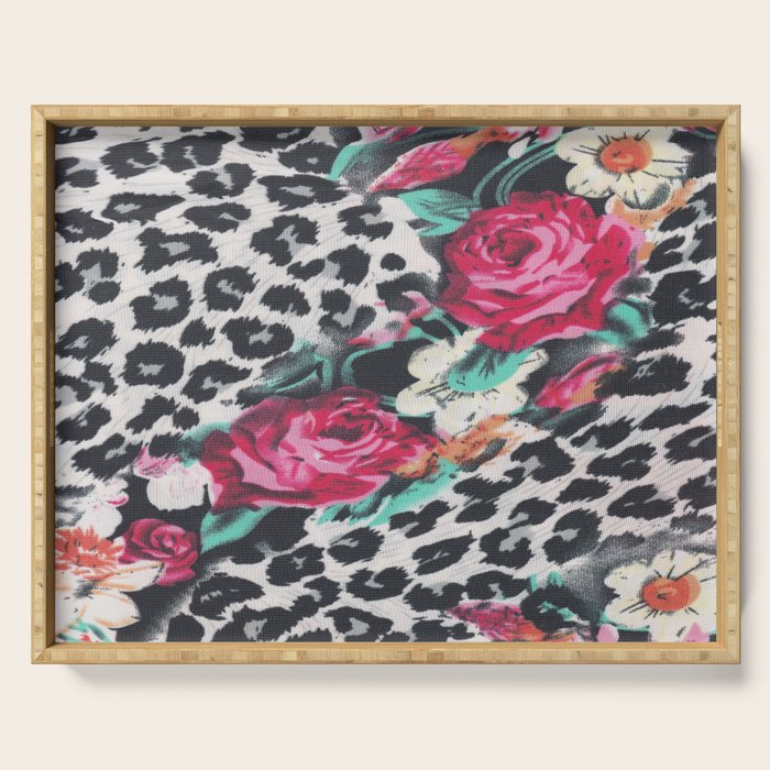 Vintage black white pink floral cheetah animal print Serving Tray Gallery Image 1