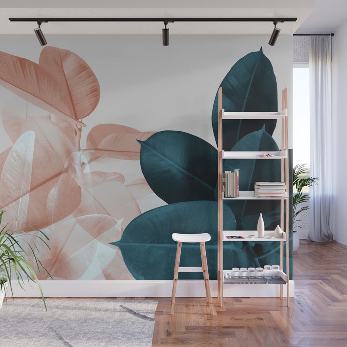 Blush & Blue Leaves Wall Mural Gallery Image 1