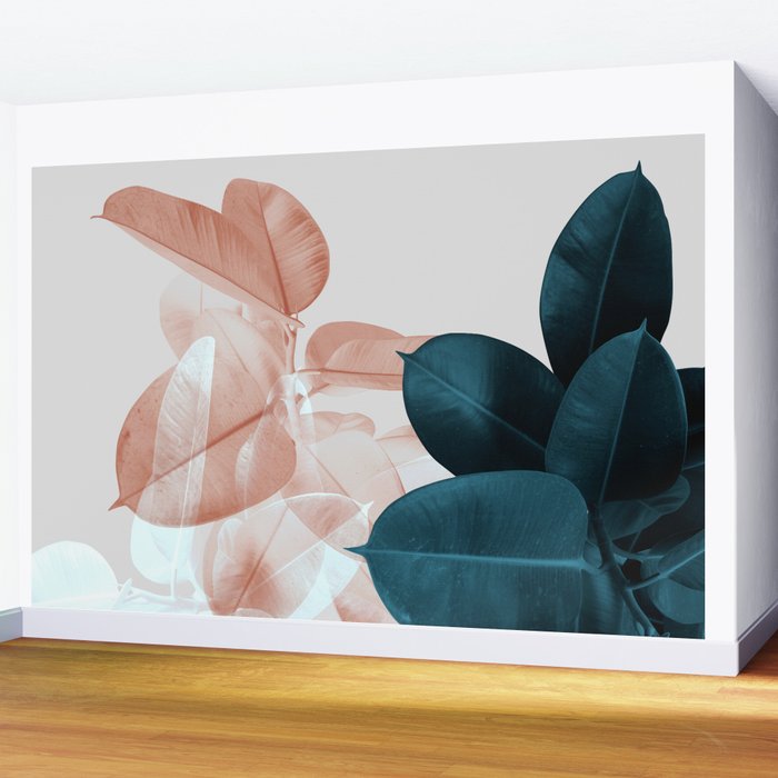 Blush & Blue Leaves Wall Mural Gallery Image 2