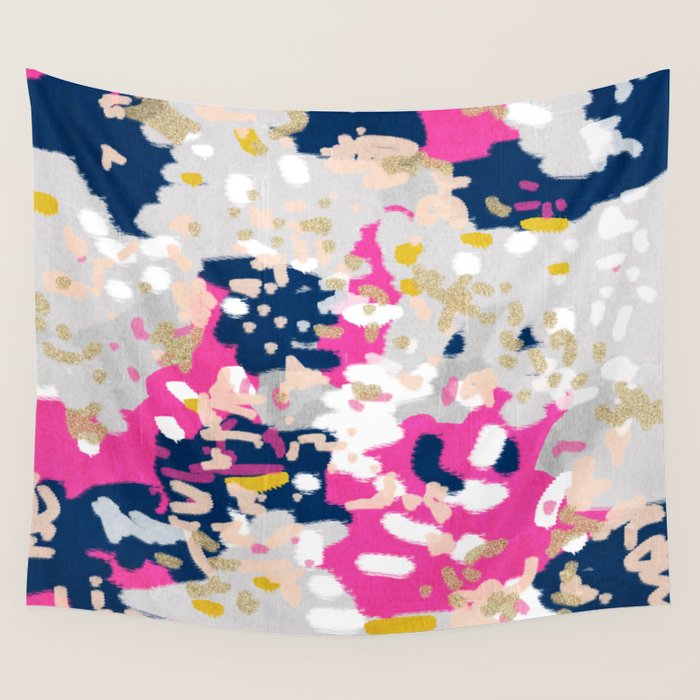 Michel - Abstract, girly, trendy art with pink, navy, blush, mustard for cell phones, dorm decor etc Wall Tapestry Gallery Image 4