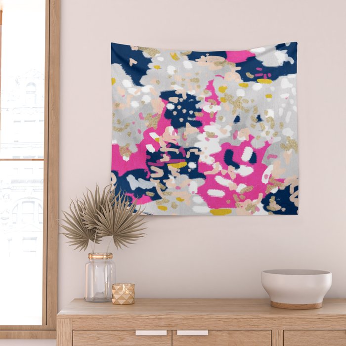 Michel - Abstract, girly, trendy art with pink, navy, blush, mustard for cell phones, dorm decor etc Wall Tapestry Gallery Image 2