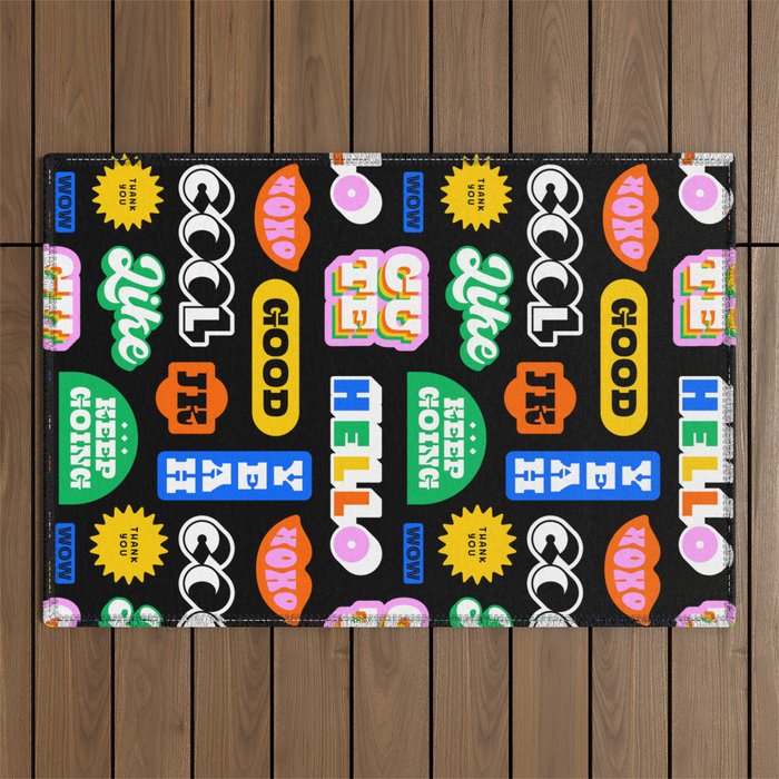 Fun retro quote sticker pattern Outdoor Rug Gallery Image 1