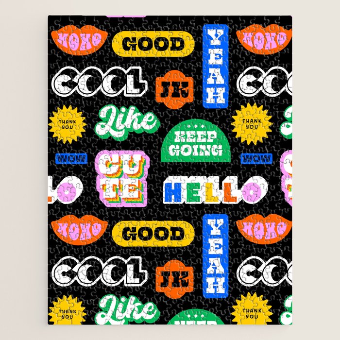 Fun retro quote sticker pattern Jigsaw Puzzle Gallery Image 1