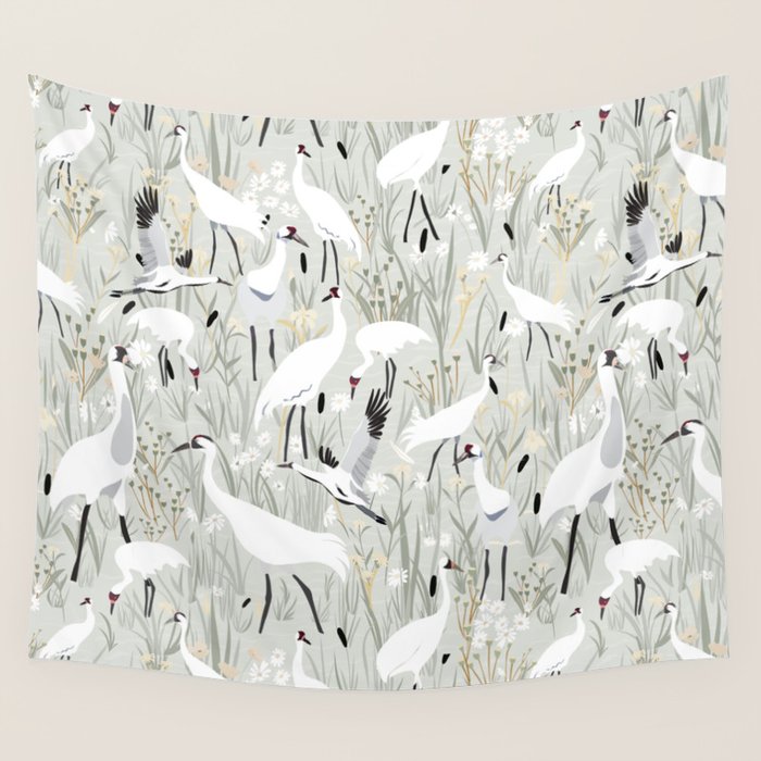 Whooping cranes neutral beige and white Wall Tapestry Gallery Image 4