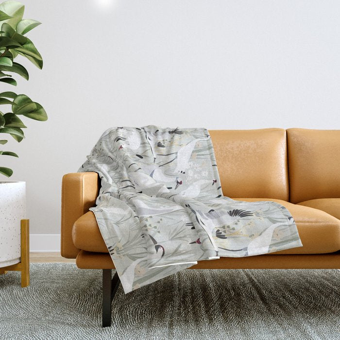 Whooping cranes neutral beige and white Throw Blanket Gallery Image 1