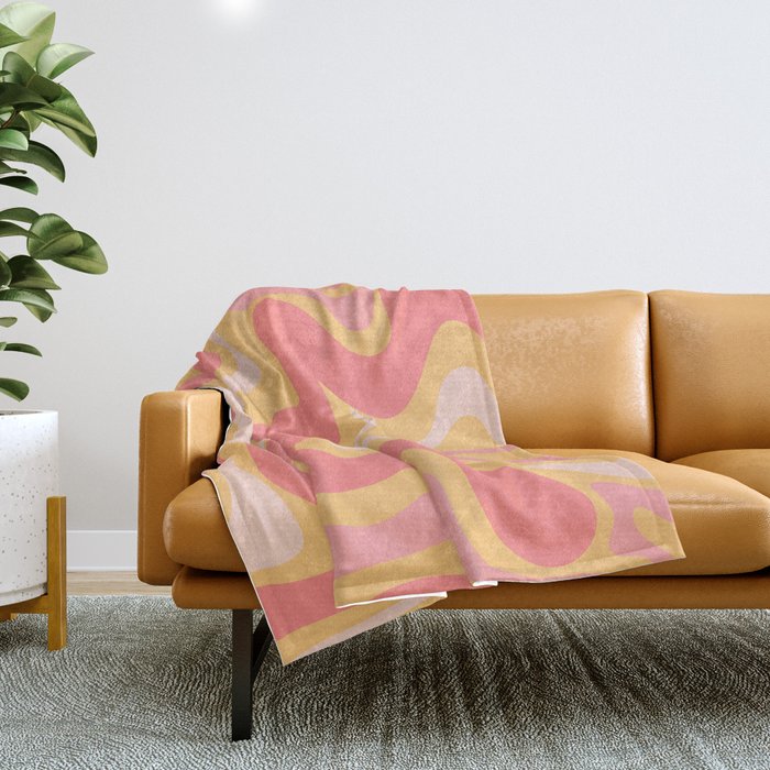 Liquid Swirl Retro Modern Abstract Pattern Blush Pink Mustard Throw Blanket Gallery Image 1