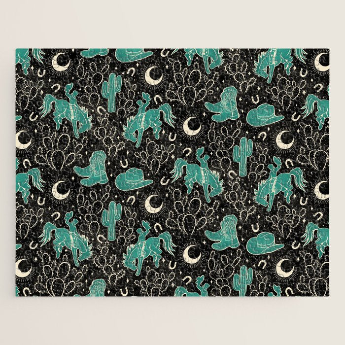 Cowboys and Cacti - black and dark turquoise  Jigsaw Puzzle Gallery Image 1