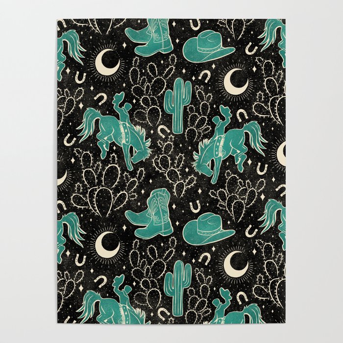 Cowboys and Cacti - black and dark turquoise  Poster Gallery Image 4