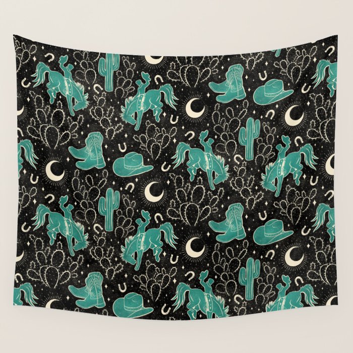 Cowboys and Cacti - black and dark turquoise  Wall Tapestry Gallery Image 4