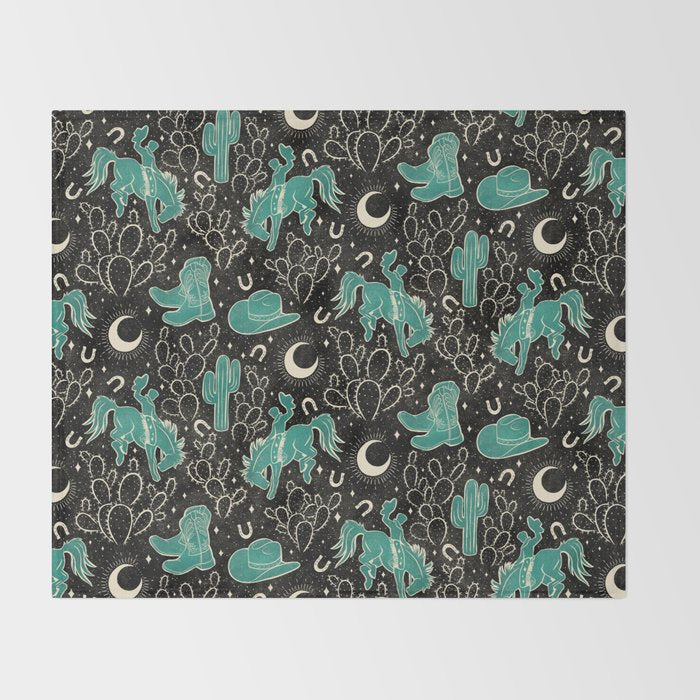 Cowboys and Cacti - black and dark turquoise  Throw Blanket Gallery Image 2