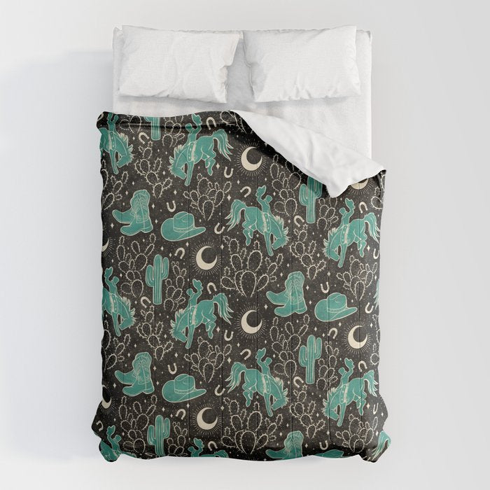 Cowboys and Cacti - black and dark turquoise  Comforter Gallery Image 1