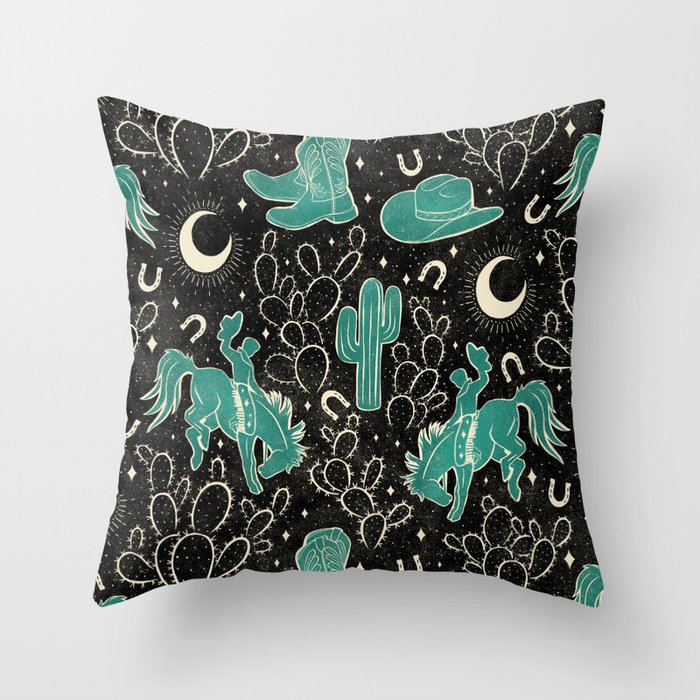 Cowboys and Cacti - black and dark turquoise  Throw Pillow Gallery Image 1