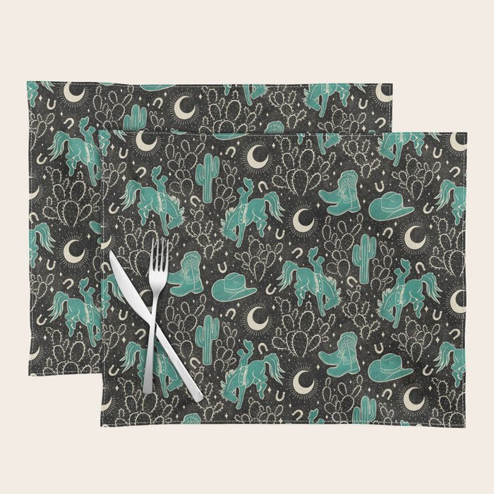 Cowboys and Cacti - black and dark turquoise  Placemat Gallery Image 1