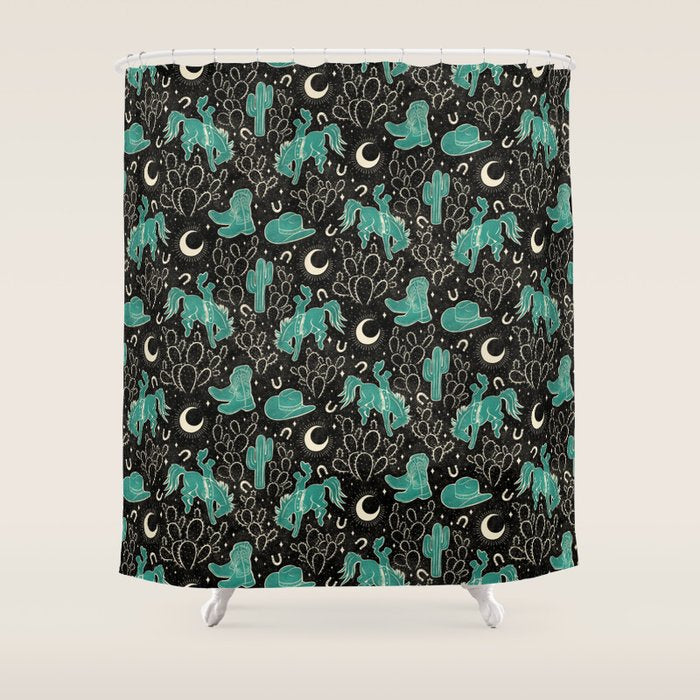 Cowboys and Cacti - black and dark turquoise  Shower Curtain Gallery Image 1