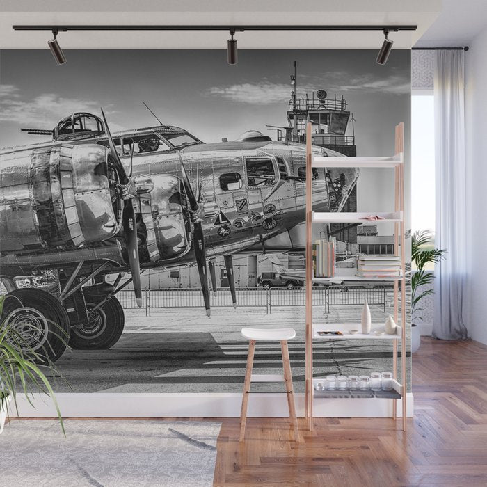WWII Flying Fortress aviation bomber airplane flight portrait black and white photograph - photography - photographs Wall Mural Gallery Image 1