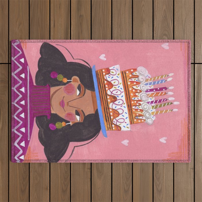 Woman with cake Outdoor Rug Gallery Image 1