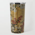 Red White Chrysanthemums Vintage Floral Japanese Gold Leaf Screen Travel Mug Gallery Image 1
