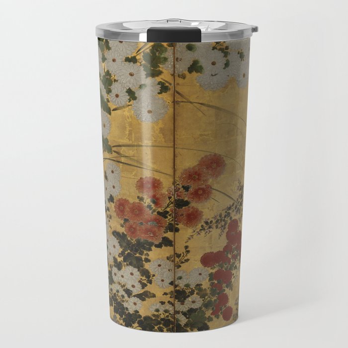 Red White Chrysanthemums Vintage Floral Japanese Gold Leaf Screen Travel Mug Gallery Image 1