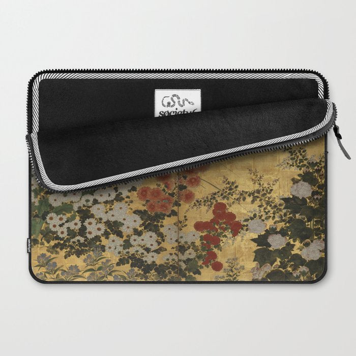 Red White Chrysanthemums Vintage Floral Japanese Gold Leaf Screen Laptop Sleeve Gallery Image 2
