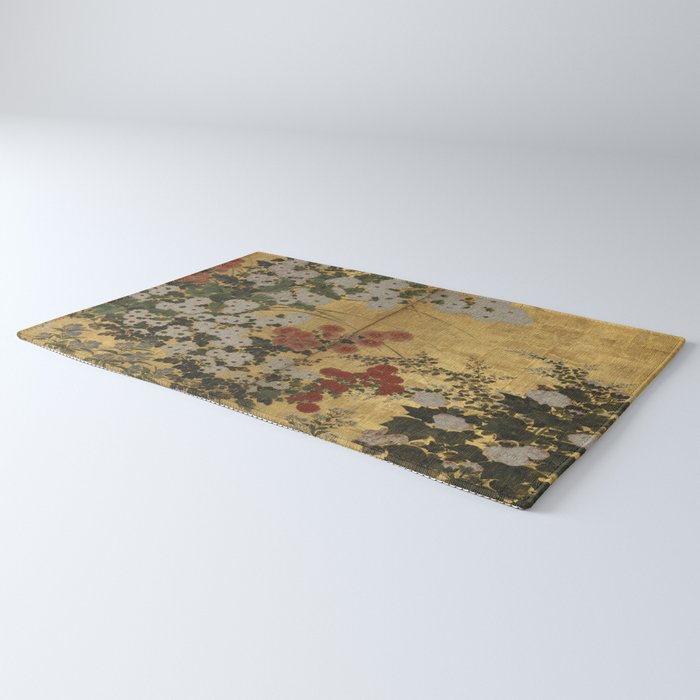 Red White Chrysanthemums Vintage Floral Japanese Gold Leaf Screen Rug Gallery Image 3