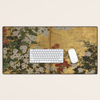 Red White Chrysanthemums Vintage Floral Japanese Gold Leaf Screen Desk Mat Gallery Image 1