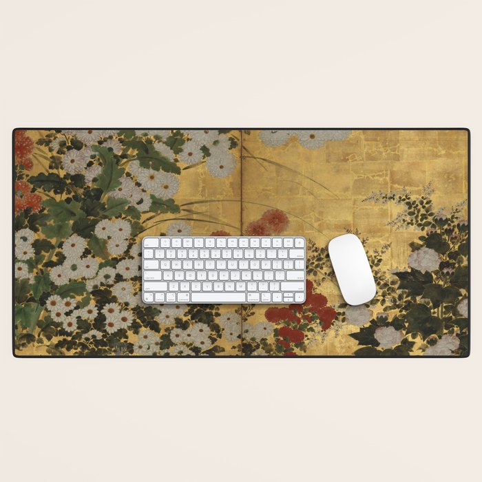Red White Chrysanthemums Vintage Floral Japanese Gold Leaf Screen Desk Mat Gallery Image 1
