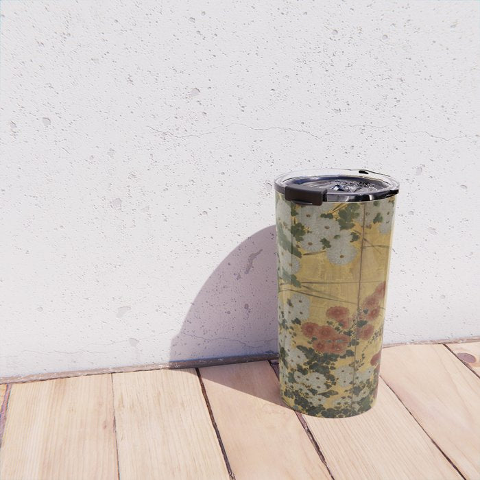 Red White Chrysanthemums Vintage Floral Japanese Gold Leaf Screen Travel Mug Gallery Image 4