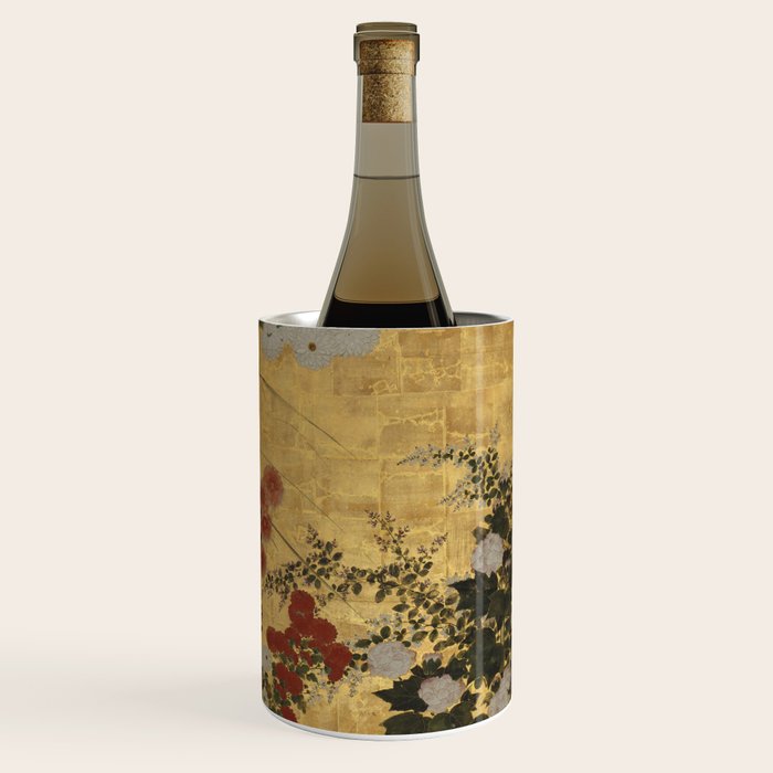 Red White Chrysanthemums Vintage Floral Japanese Gold Leaf Screen Wine Chiller Gallery Image 3