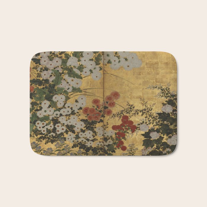 Red White Chrysanthemums Vintage Floral Japanese Gold Leaf Screen Bath Mat Gallery Image 1