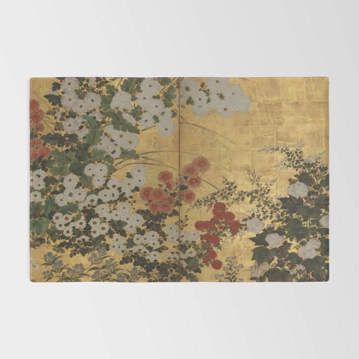 Red White Chrysanthemums Vintage Floral Japanese Gold Leaf Screen Rug Gallery Image 2