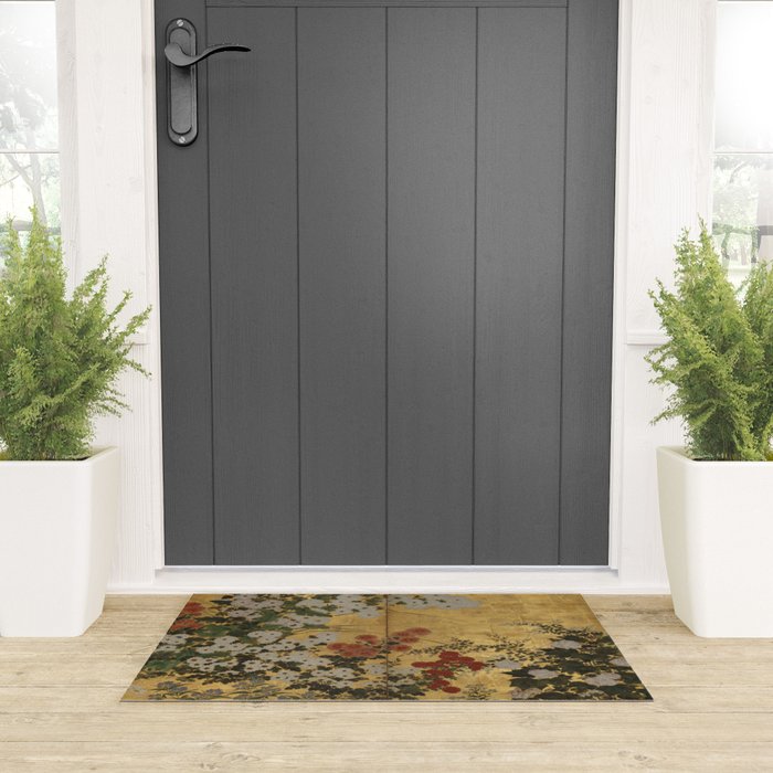 Red White Chrysanthemums Vintage Floral Japanese Gold Leaf Screen Welcome Mat Gallery Image 3