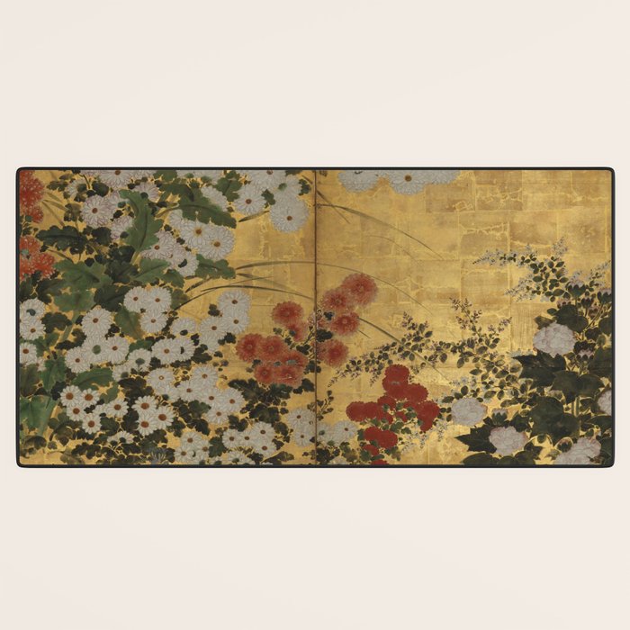 Red White Chrysanthemums Vintage Floral Japanese Gold Leaf Screen Desk Mat Gallery Image 3