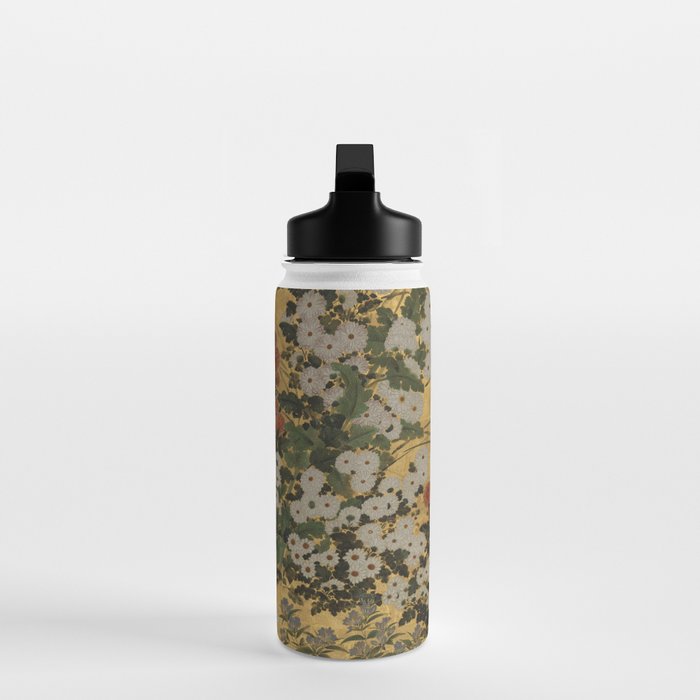 Red White Chrysanthemums Vintage Floral Japanese Gold Leaf Screen Water Bottle Gallery Image 3