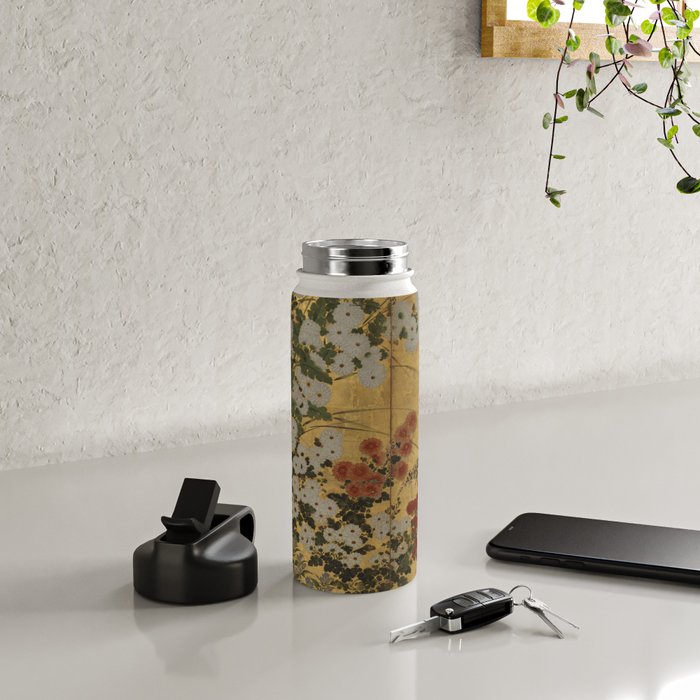 Red White Chrysanthemums Vintage Floral Japanese Gold Leaf Screen Water Bottle Gallery Image 4