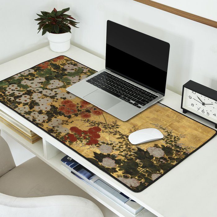 Red White Chrysanthemums Vintage Floral Japanese Gold Leaf Screen Desk Mat Gallery Image 2