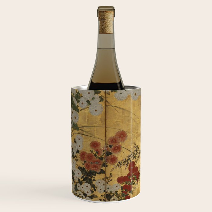 Red White Chrysanthemums Vintage Floral Japanese Gold Leaf Screen Wine Chiller Gallery Image 1