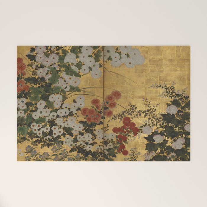 Red White Chrysanthemums Vintage Floral Japanese Gold Leaf Screen Welcome Mat Gallery Image 1