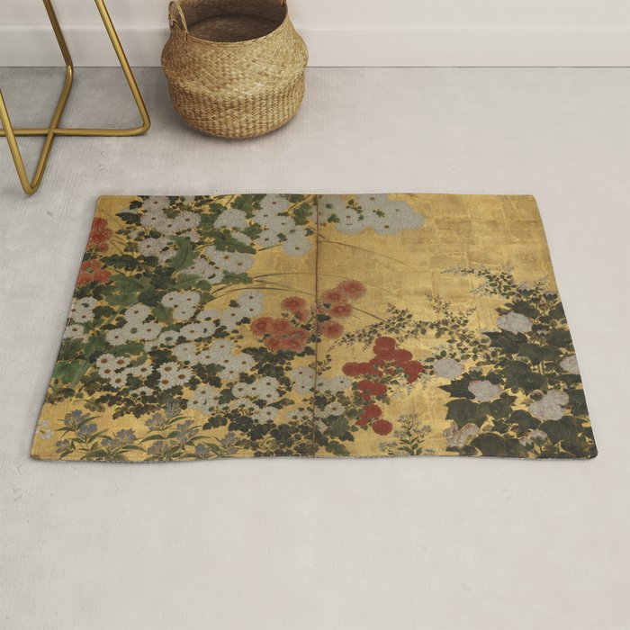 Red White Chrysanthemums Vintage Floral Japanese Gold Leaf Screen Rug Gallery Image 1