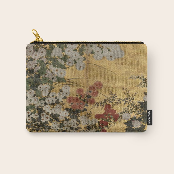 Red White Chrysanthemums Vintage Floral Japanese Gold Leaf Screen Carry All Pouch Gallery Image 1