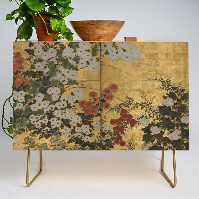 Red White Chrysanthemums Vintage Floral Japanese Gold Leaf Screen Credenza Gallery Image 1