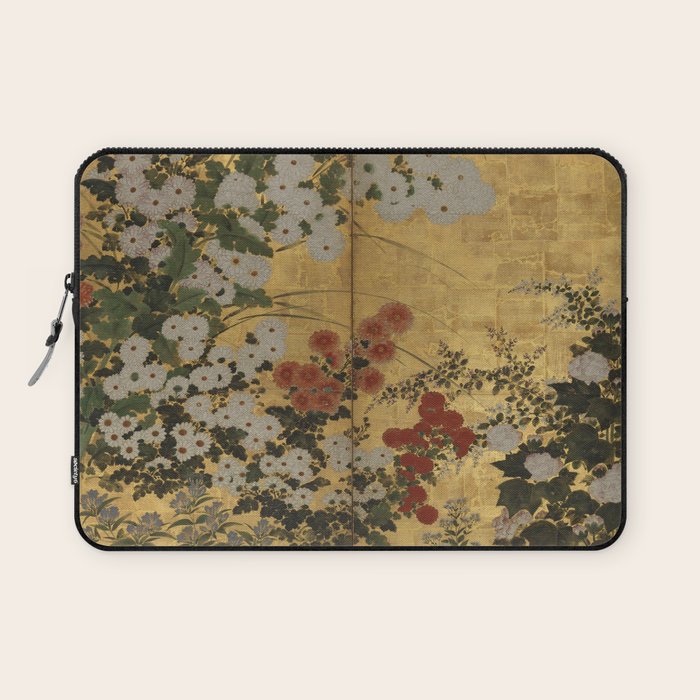 Red White Chrysanthemums Vintage Floral Japanese Gold Leaf Screen Laptop Sleeve Gallery Image 1