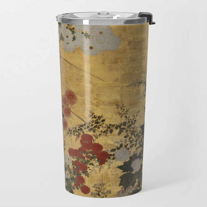 Red White Chrysanthemums Vintage Floral Japanese Gold Leaf Screen Travel Mug Gallery Image 2
