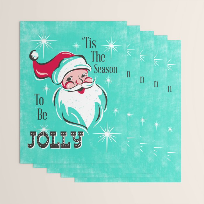 'Tis The Season - Retro Santa Aqua Colorful Wrapping Paper Gallery Image 3